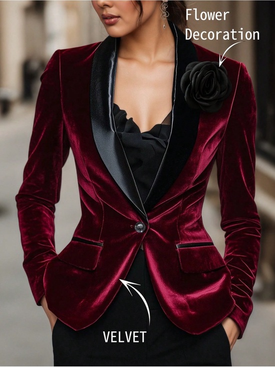 Jolie Unbranded Jackets & Blazers - Women's Burgundy Velvet Single-Button Blazer with Black Satin Lapel